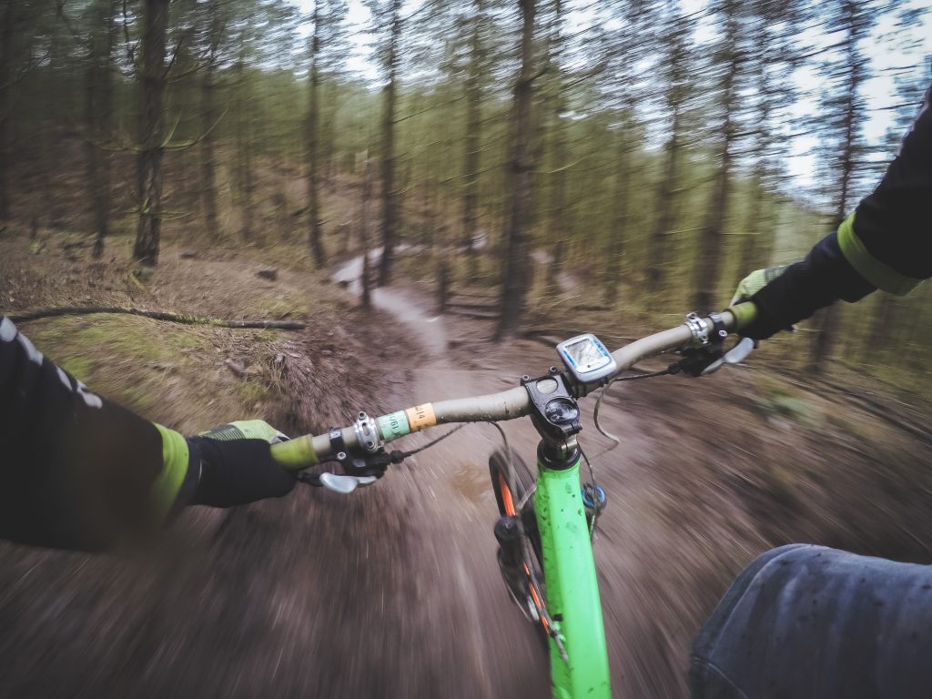 Cyclist's view over handlebars on trail ride