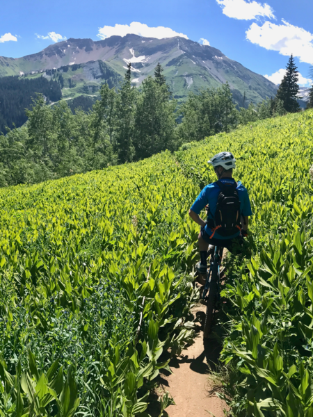 Riding Crested Butte trail with mountain views